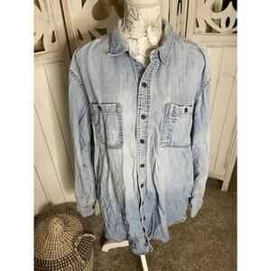 VINTAGE LL Bean Shirt Blue Denim Long Sleeve Casual Distressed Mens Large Tall